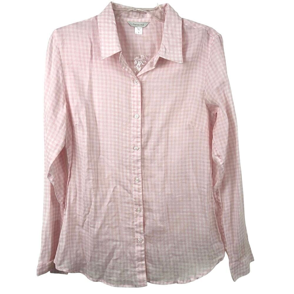 Garnet Hill Pink Gingham Button Front Shirt Cotton Preppy Cottagecore Women 12
